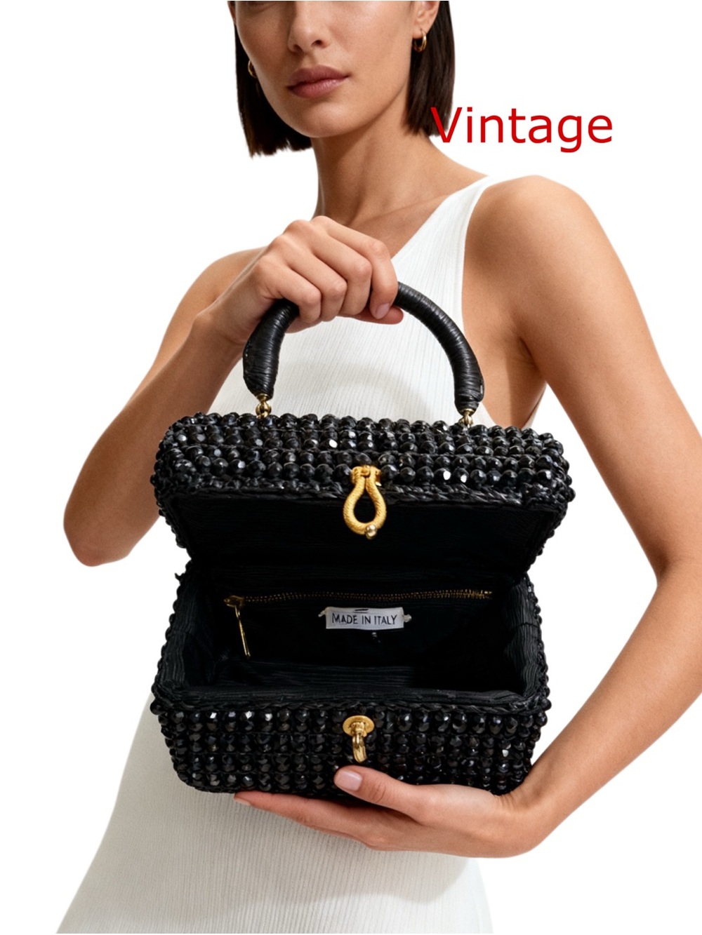 VINTAGE ANTIQUE black beaded box Style purse Elegant Black Beaded Handbag